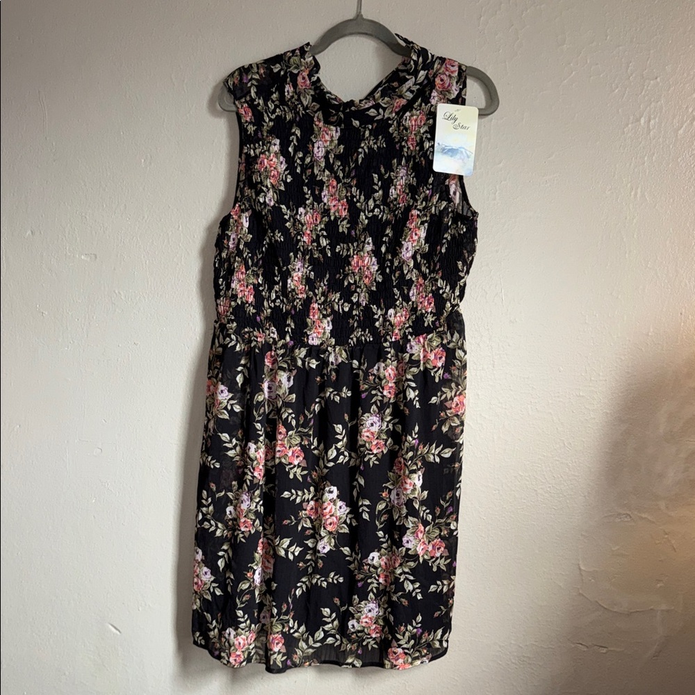 Lily Star Black Mini Dress with Pink & Cream Floral Print